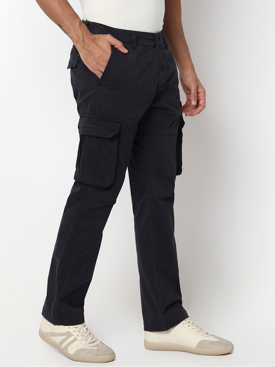Spykar Navy Blue Mid Rise Regular Fit Casual Trouser For Men