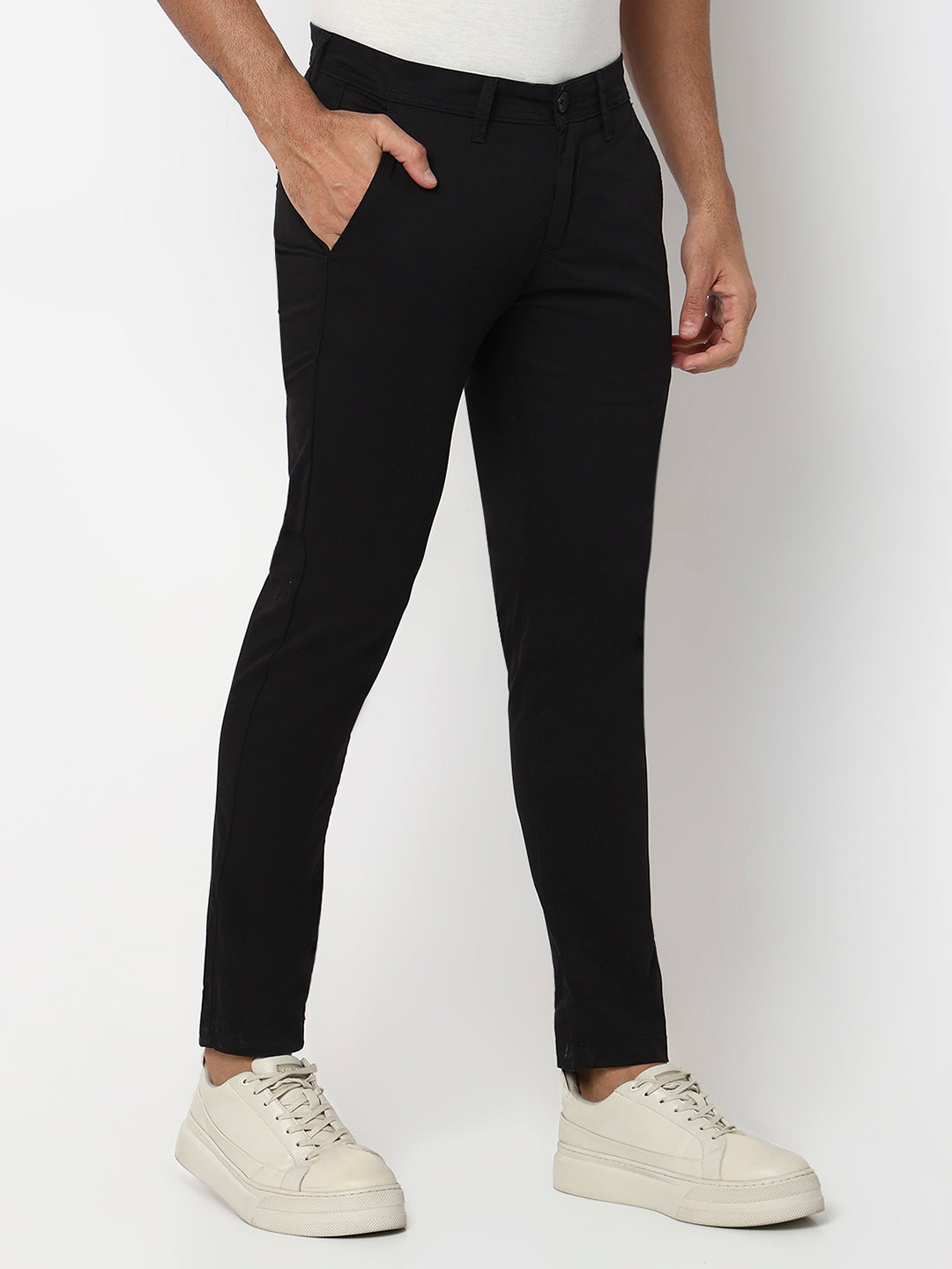 Spykar Black Mid Rise Slim Fit Casual Trouser For Men