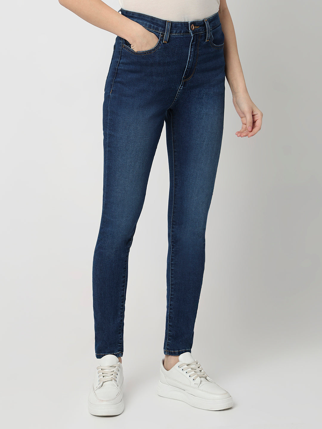 Spykar Dark Blue High Rise Super Skinny Fit Casual Jeans For Women
