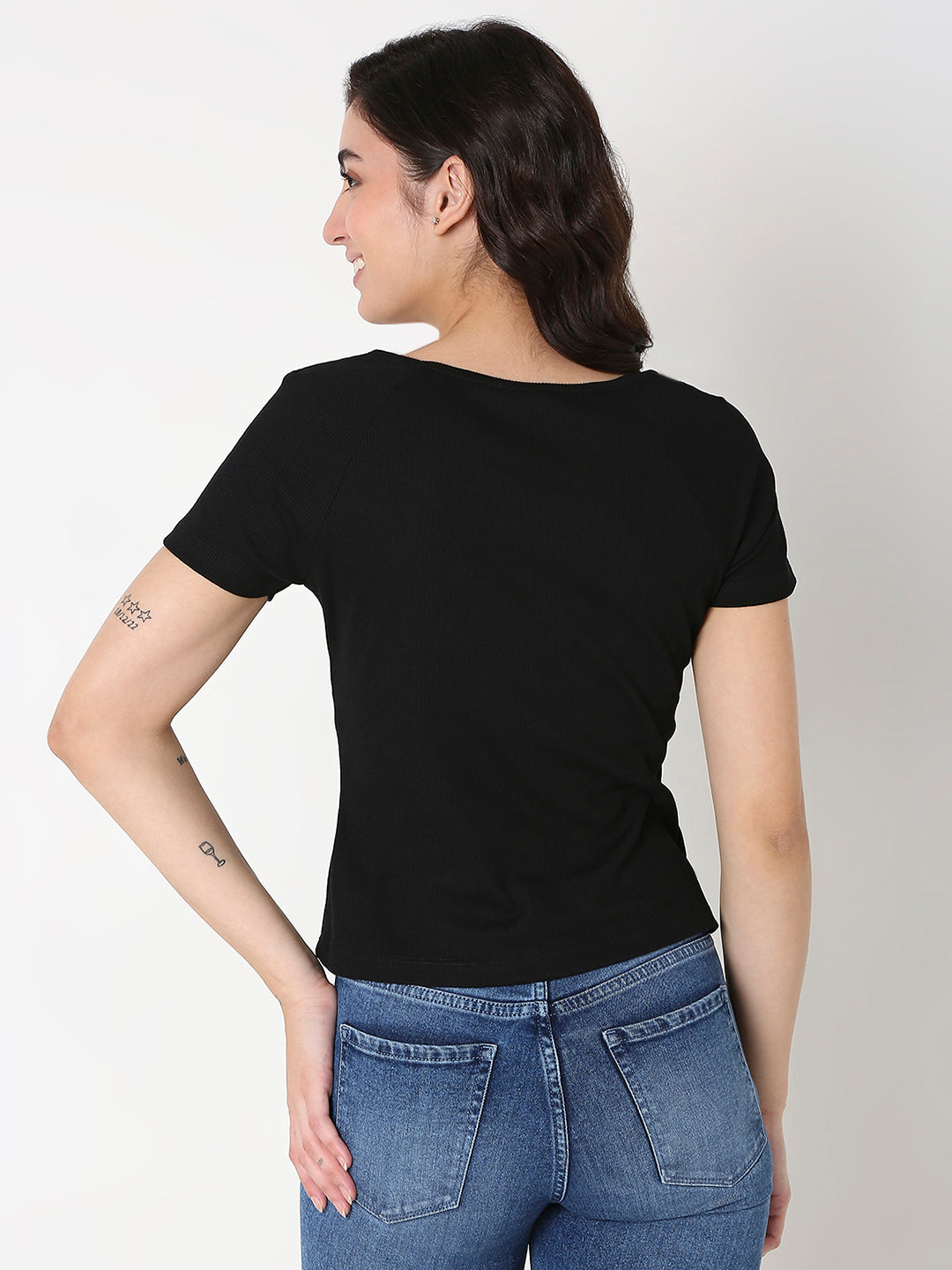 Spykar Black Slim Fit Half Sleeve Solid T-Shirt For women