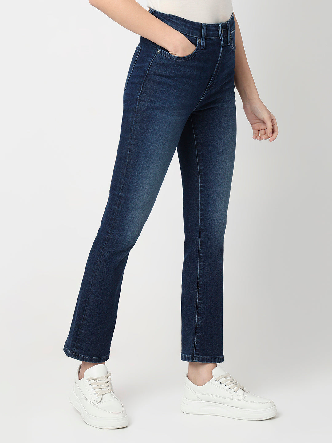 Spykar Dark Blue High Rise Boot Cut Fit Casual Jeans For Women