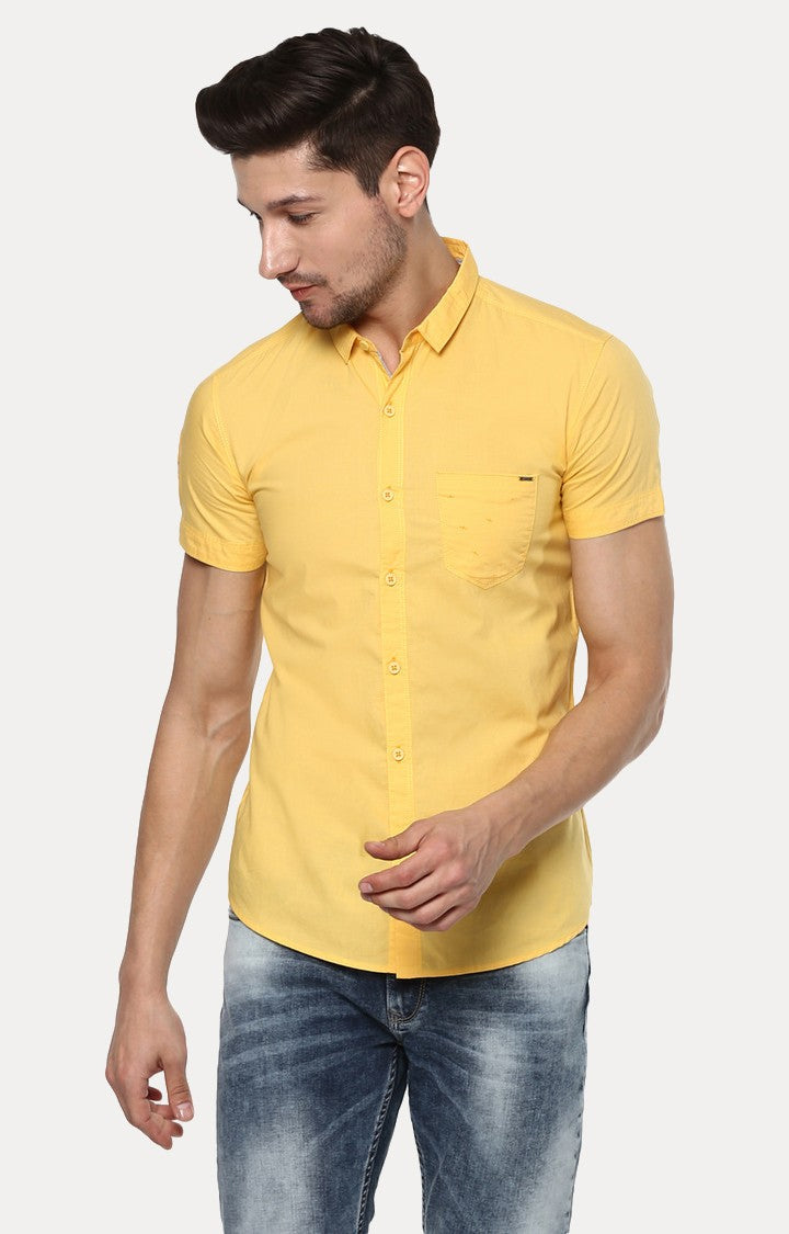 Spykar Men'S Yellow Cotton Solid Casual Shirts