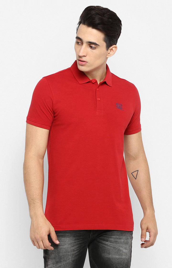 Spykar Red Solid Slim Fit Polo T-Shirt