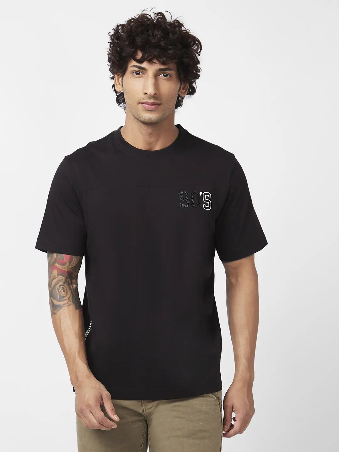 Spykar Men Black Cotton Comfort Fit Half Sleeve Round Neck Plain Tshirt