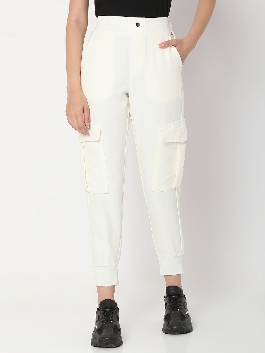 Spykar White Cotton Regular Fit Trackpant For Women