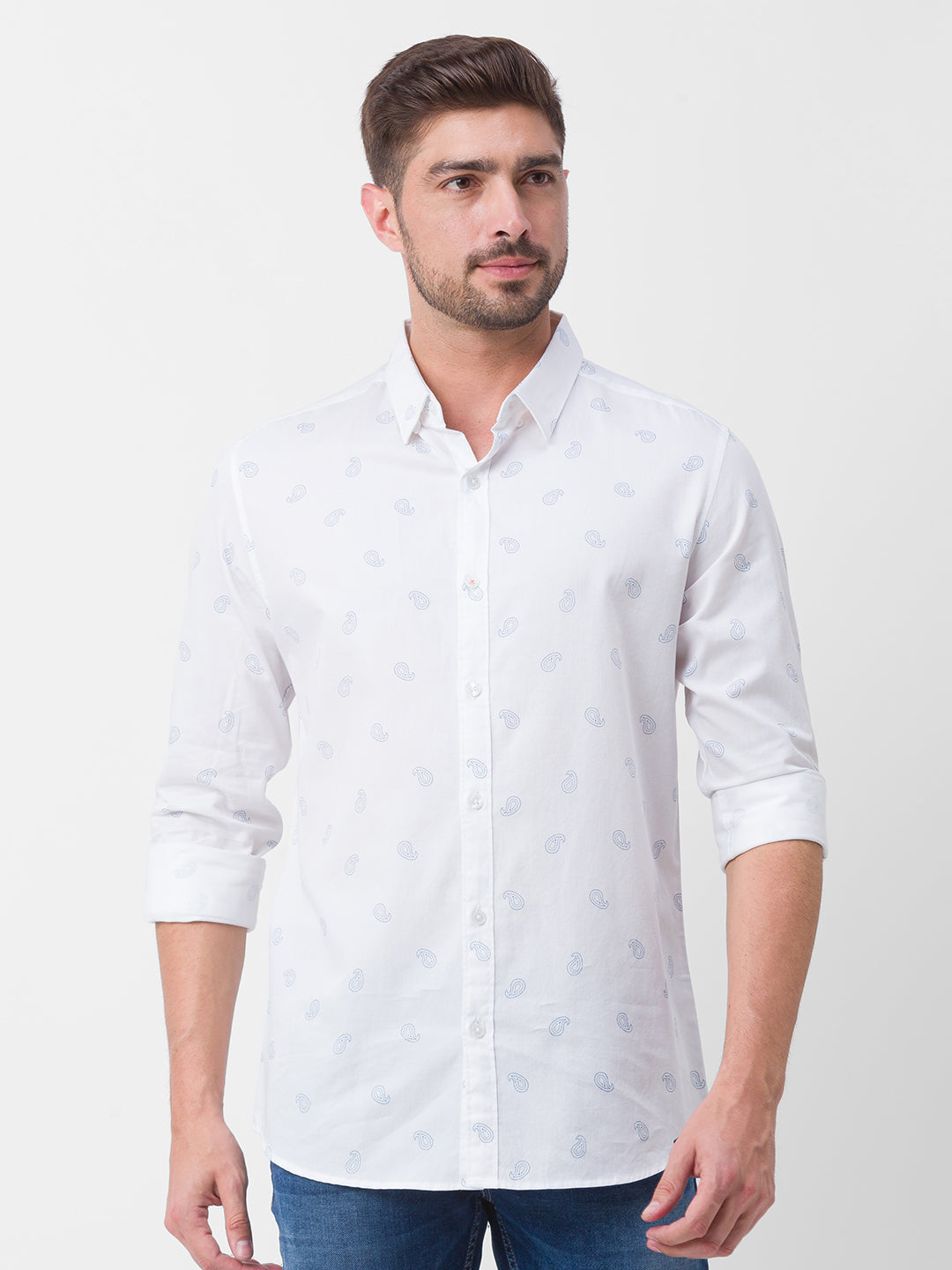 Spykar White Cotton Full Sleeve Printed Shirt For Men