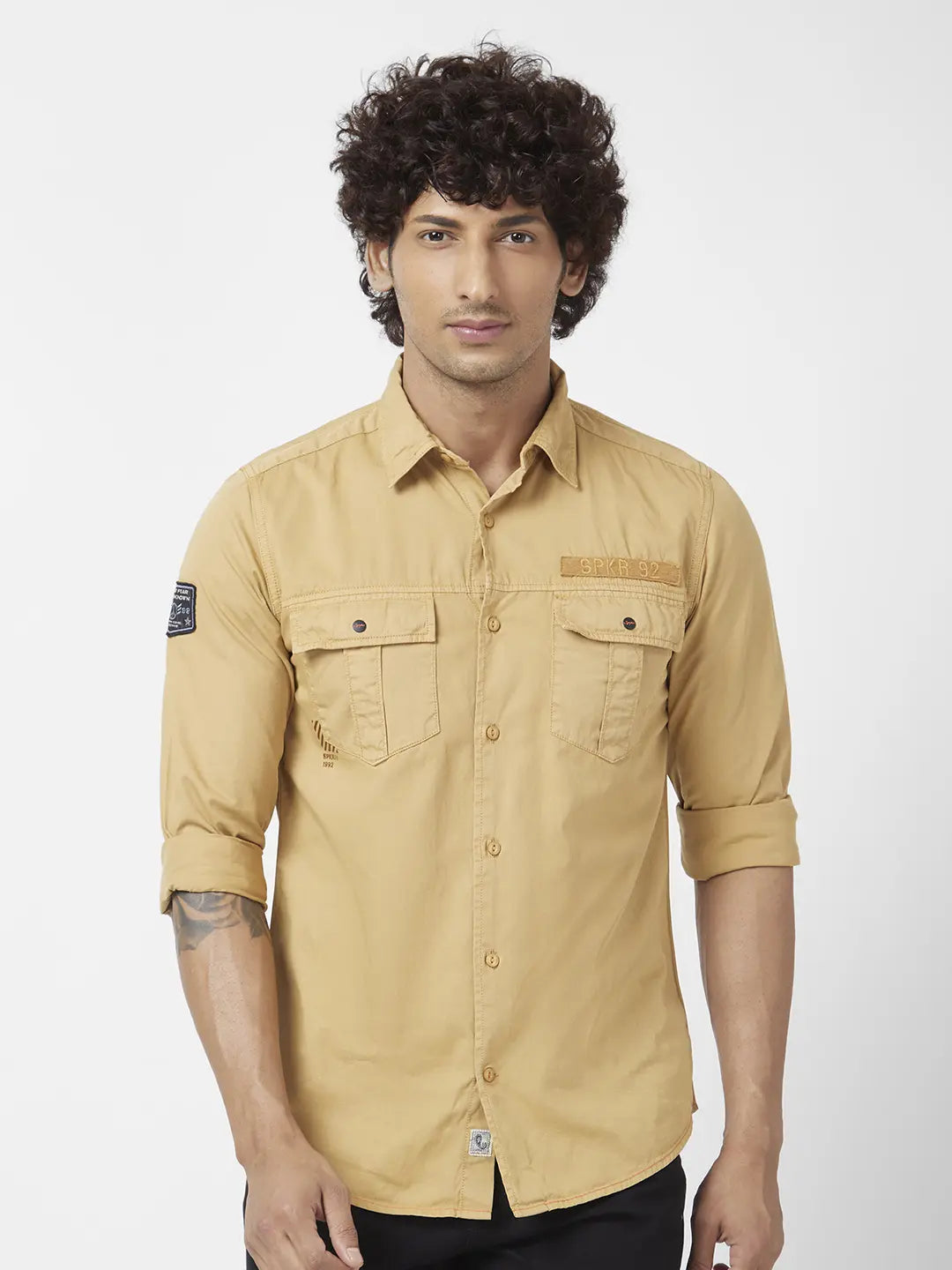 Spykar Men Khaki Twill Slim Fit Full Sleeve Denim Shirt