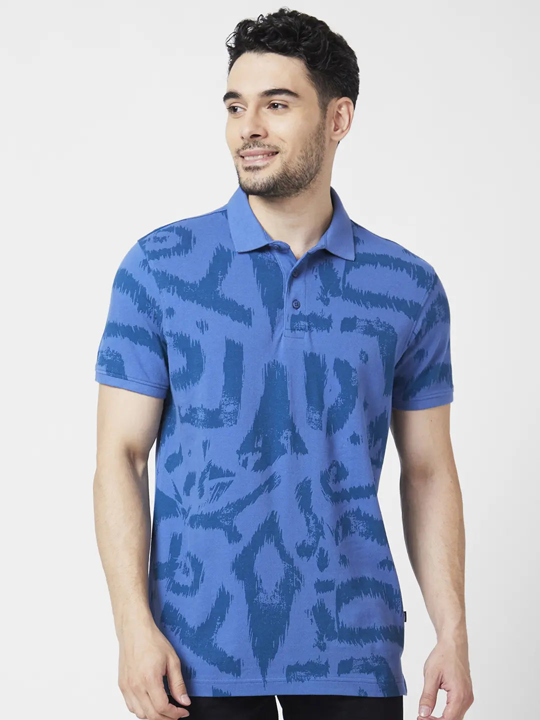 Spykar Men Haze Blue Cotton Slim Fit Half Sleeve Polo Neck Printed Tshirt