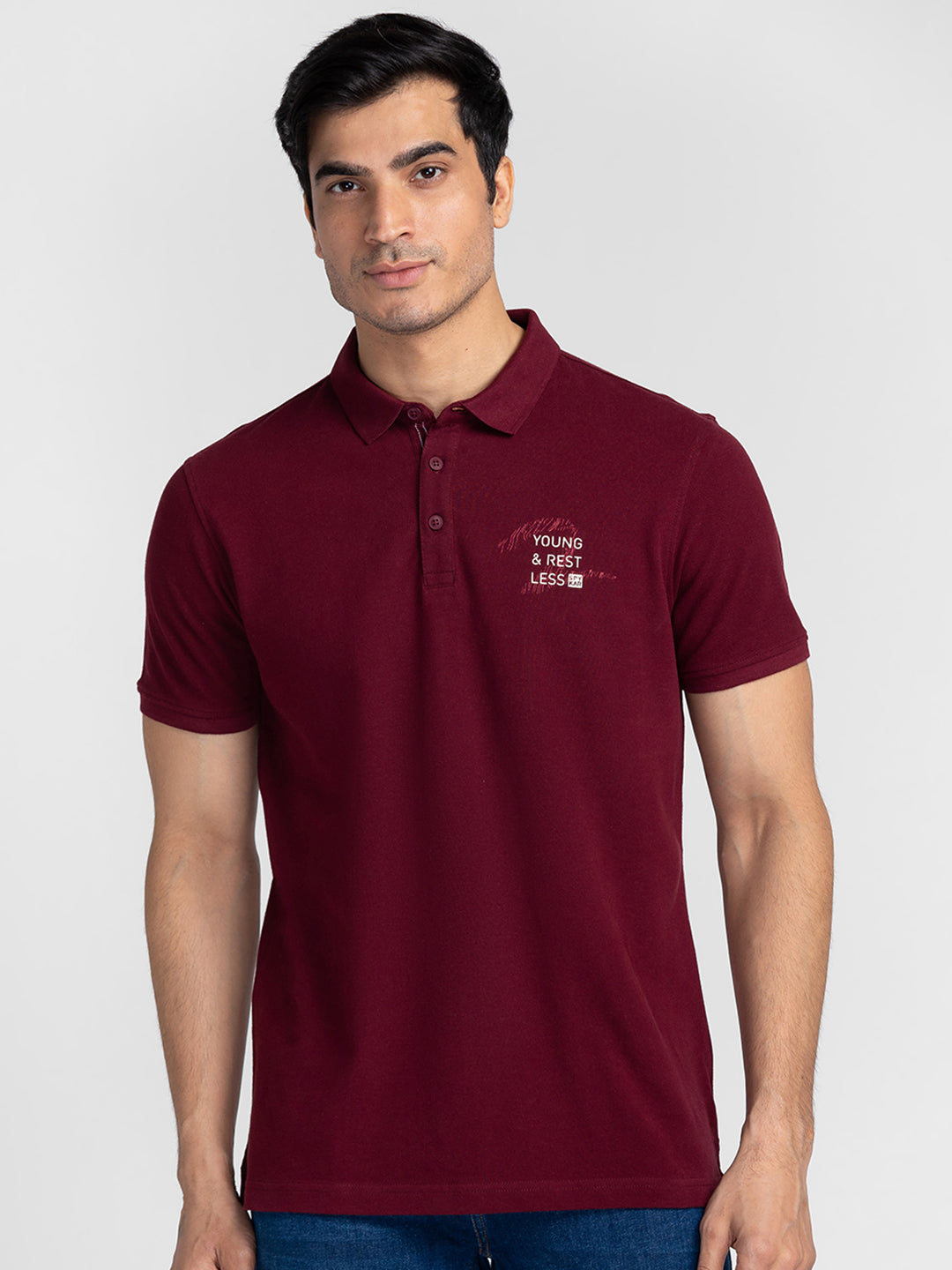 Spykar Men Wine Cotton Slim Fit Polo Plain T-Shirt