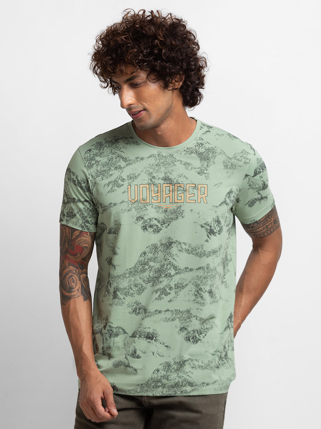 Spykar Dusty Pista Green Cotton Half Sleeve Printed Casual T-Shirt For Men