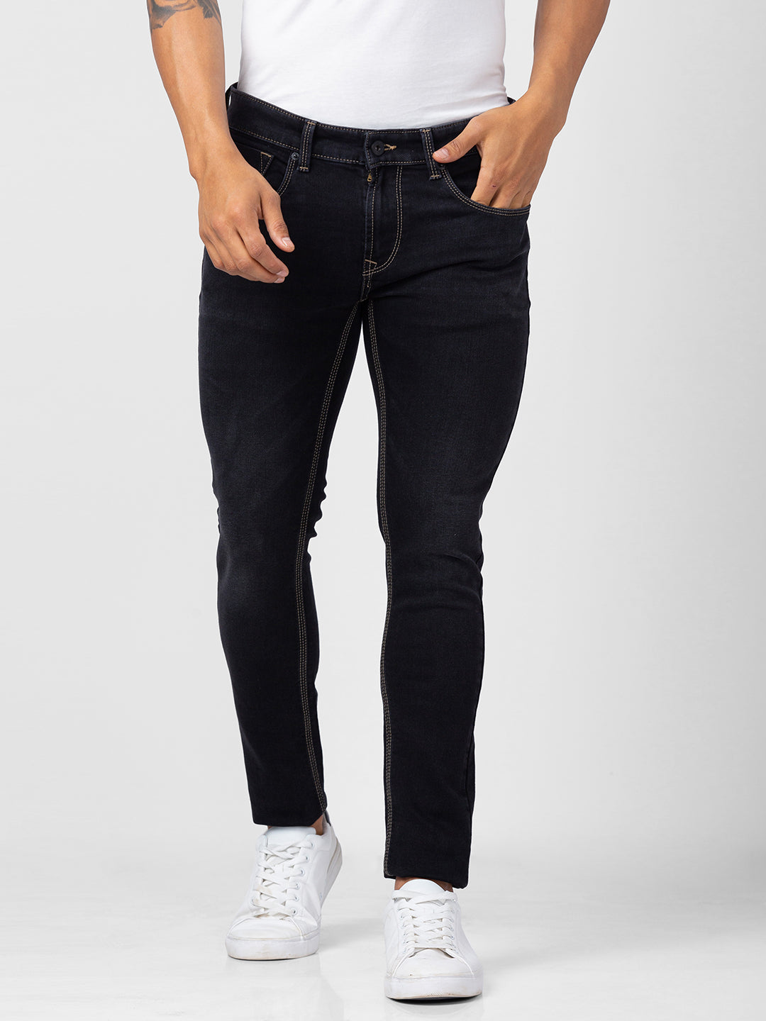 Spykar Men Carbon Black Cotton Super Slim Fit Tapered Length Jeans (Super Skinny)