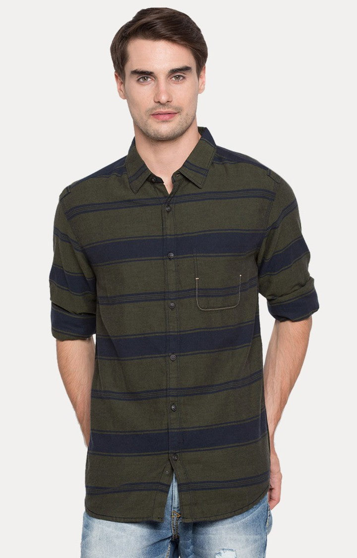 Spykar Men'S Green Cotton Striped Casual Shirts