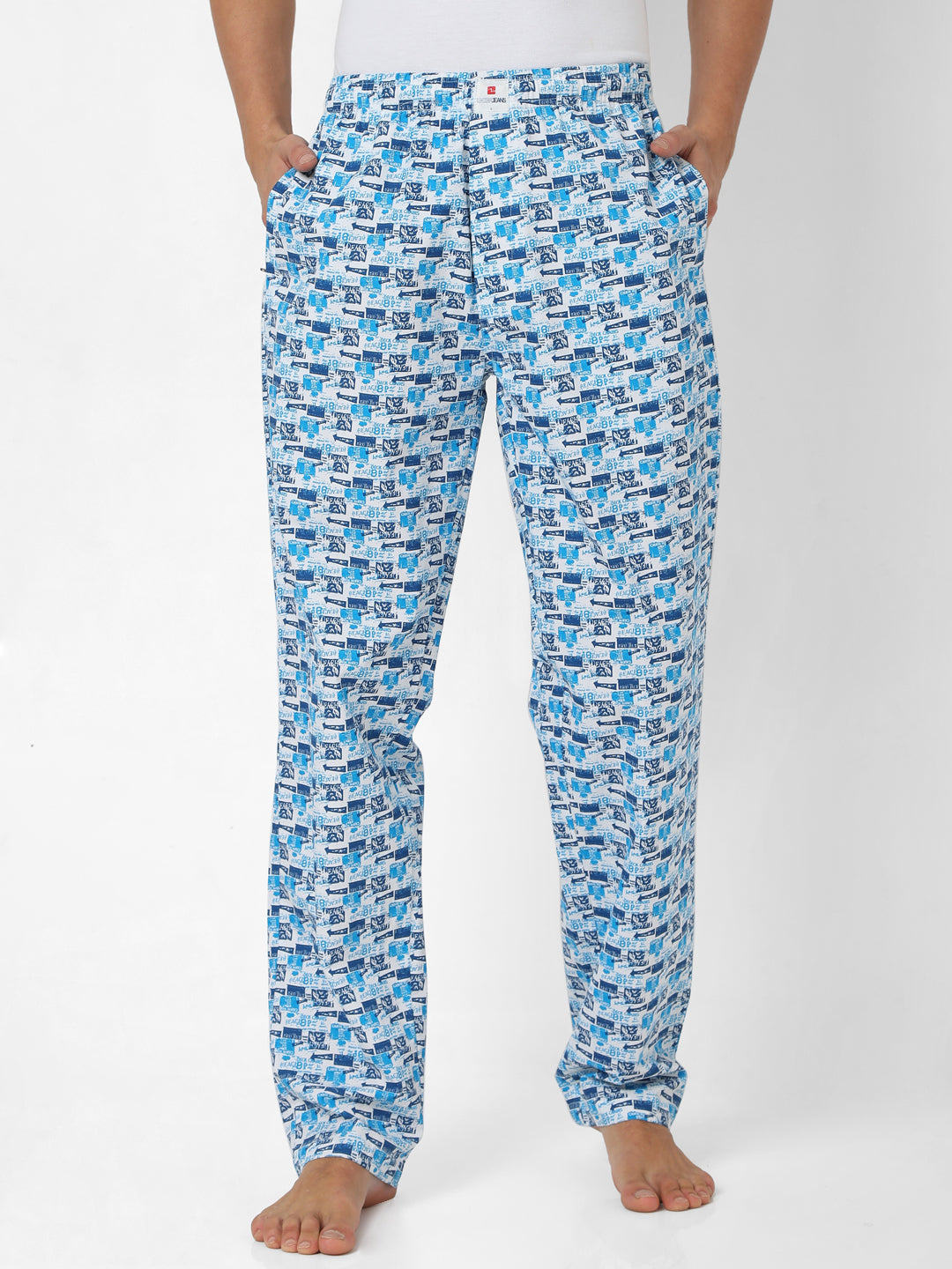 Men Premium White & Dark Blue Cotton Printed Pyjama - Underjeans By Spykar