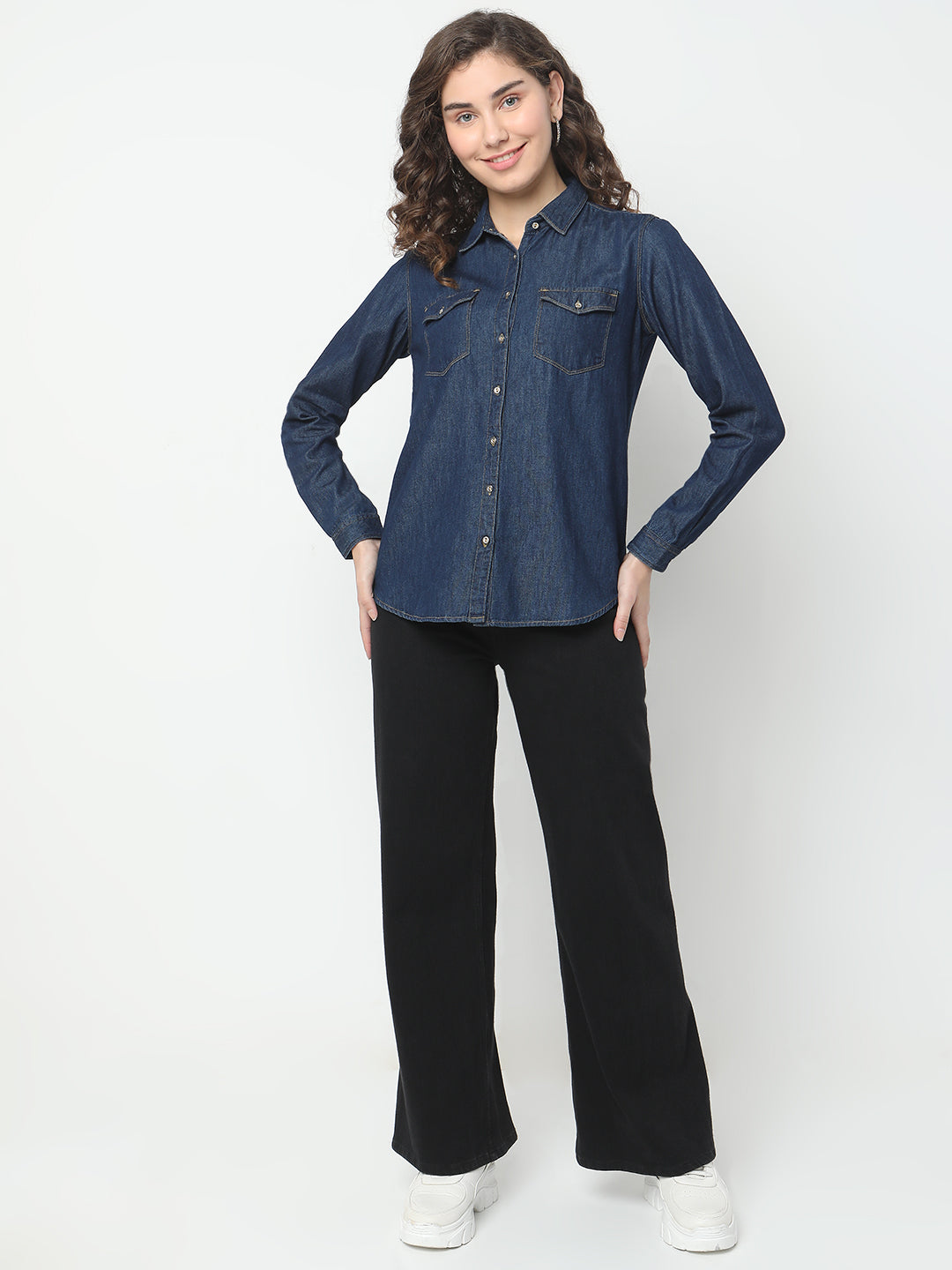 Spykar Full Sleeves Solid Blue Shirts for Women