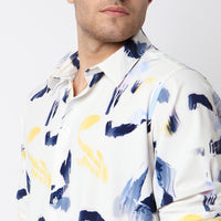 Men Shirt Print White Slim Fit