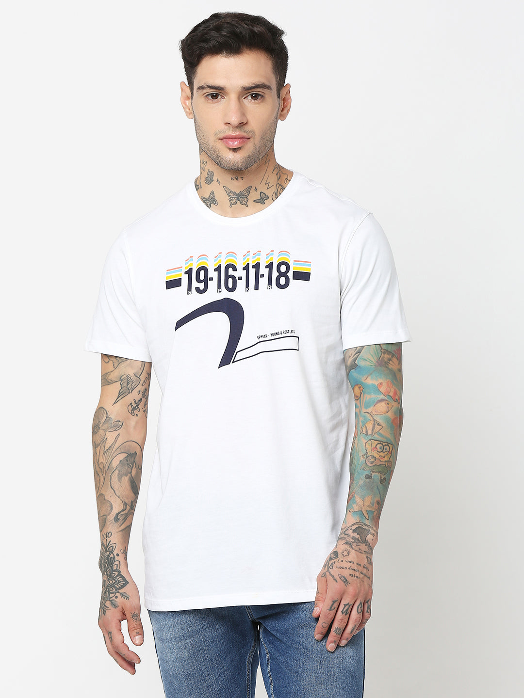 Spykar Men White Cotton Slim Fit Round Neck Printed T-Shirt