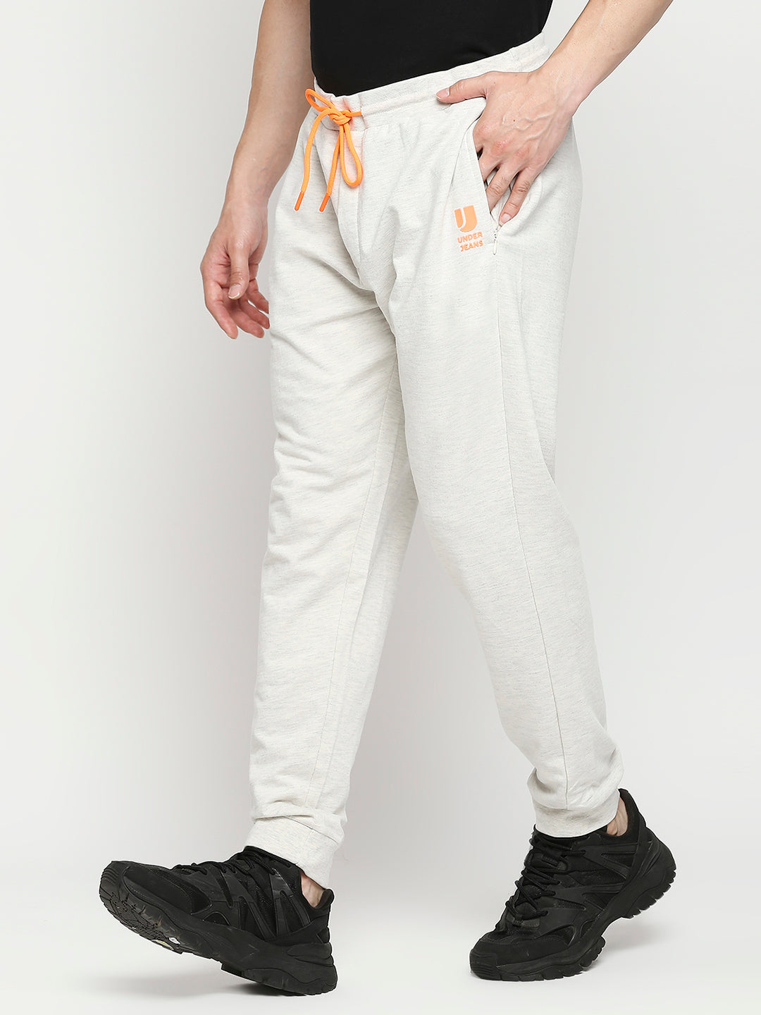 Men Premium Cotton Blend Knitted Ecru Trackpant- Underjeans By Spykar