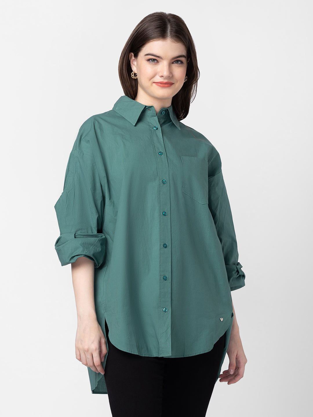 Spykar Women Deep Green Cotton Regular Fit Plain Asymmetric Shirt