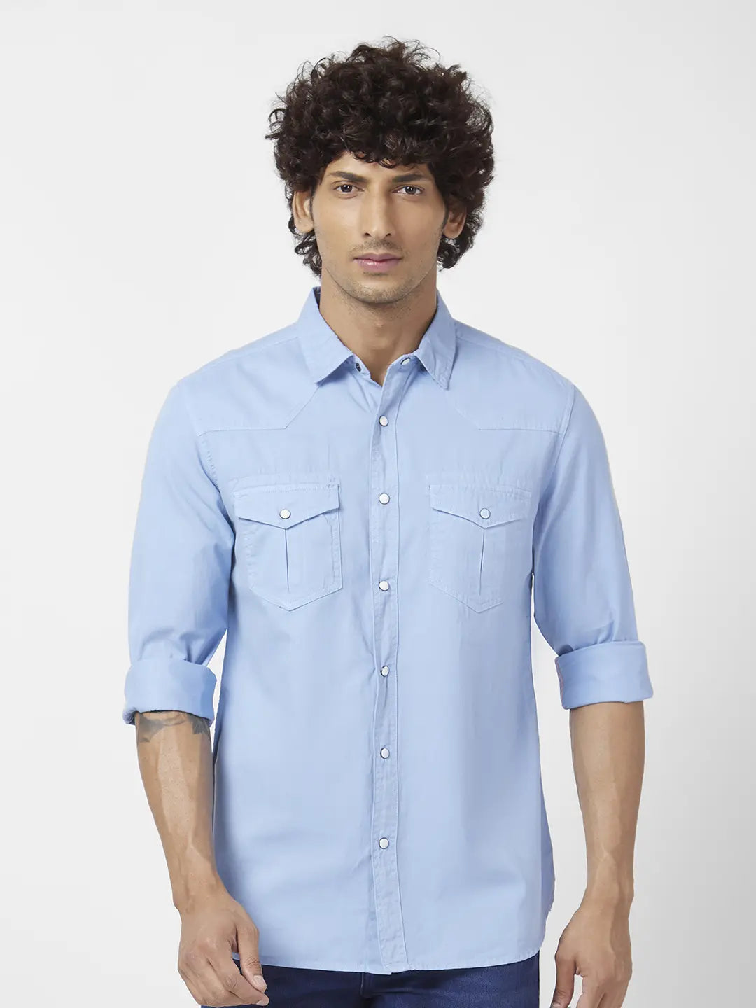 Spykar Men Powder Blue Twill Slim Fit Full Sleeve Denim Shirt