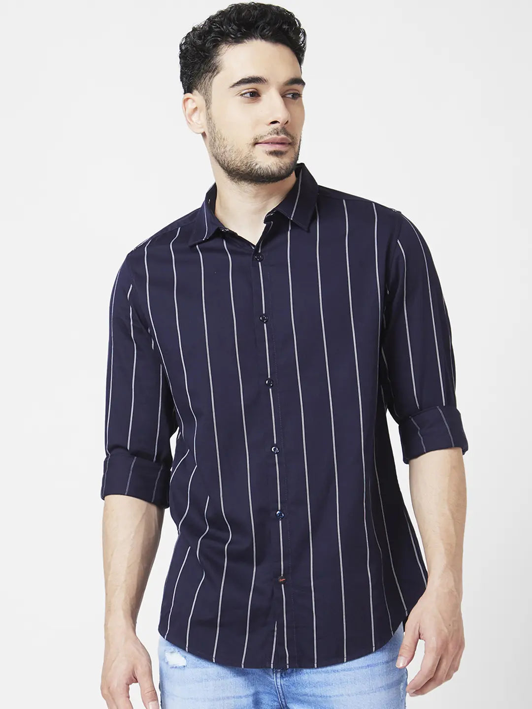 Spykar Men Navy Blue Cotton Slim Fit Full Sleeve Striped Shirt