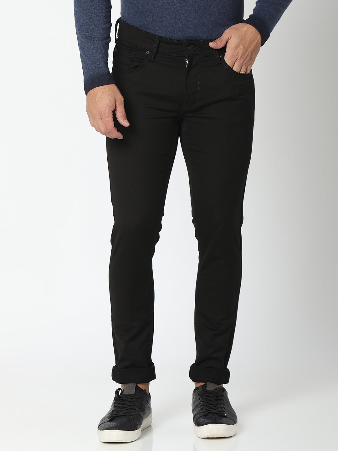 Spykar Black Cotton Super Slim Fit Tapered Length Jeans For Men