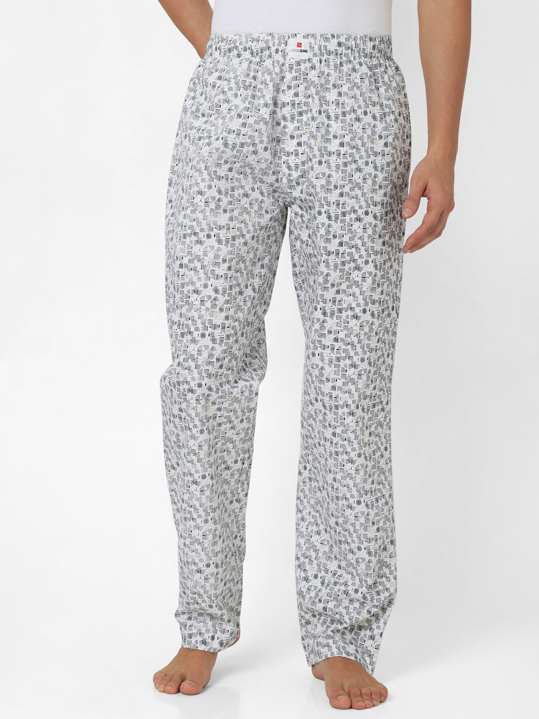 Men Premium White & Black Cotton Printed Pyjama - Underjeans By Spykar