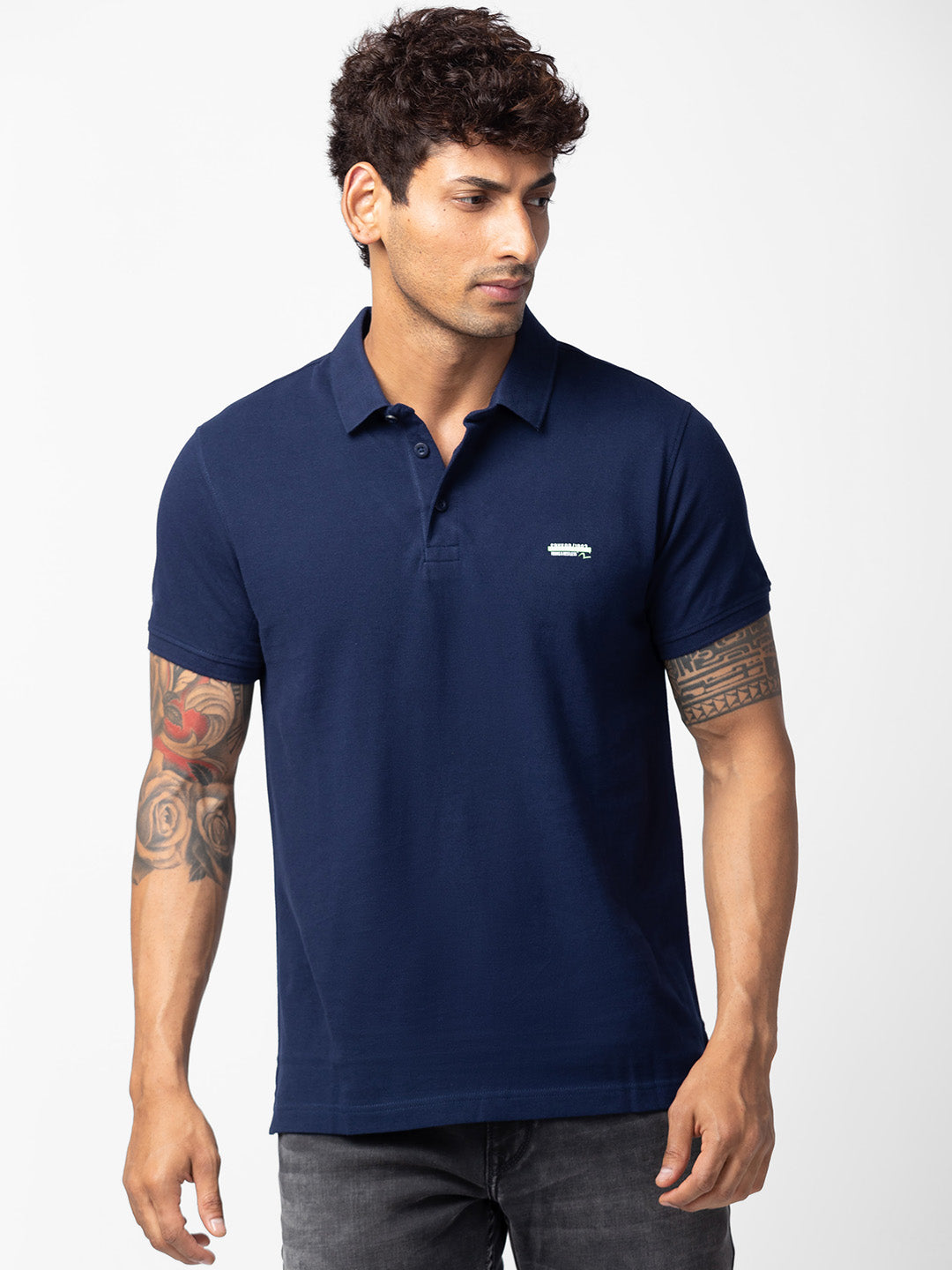 Spykar Men Navy Blue Cotton Regular Fit Half Sleeve Plain Polo T-Shirt