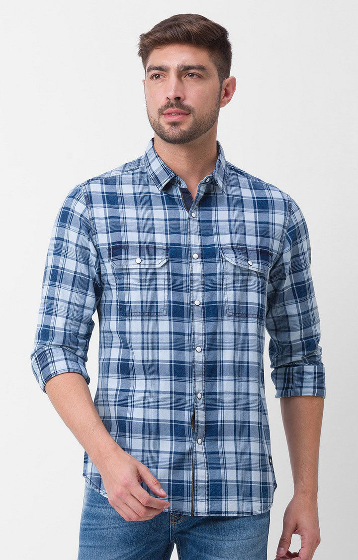 Spykar Indigo Blue Cotton Full Sleeve Checks Shirt For Men