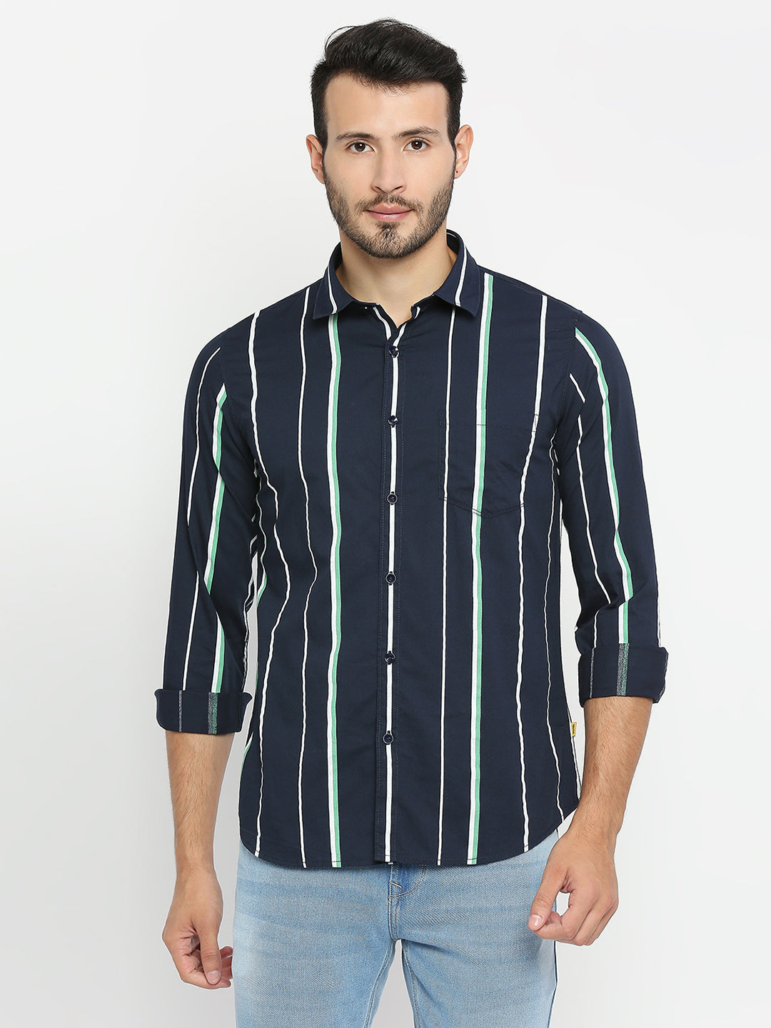 Spykar Men Navy Blue Cotton Full Sleeve Striped Shirt