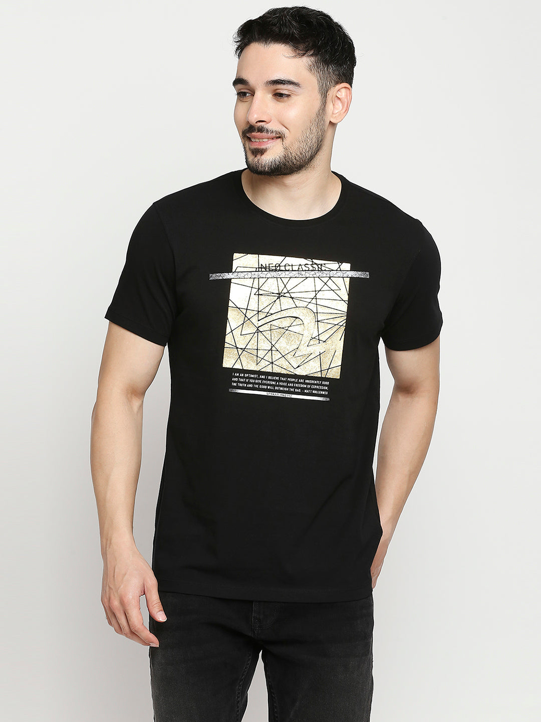 Spykar Black Cotton Half Sleeve Printed Casual T-Shirt For Men