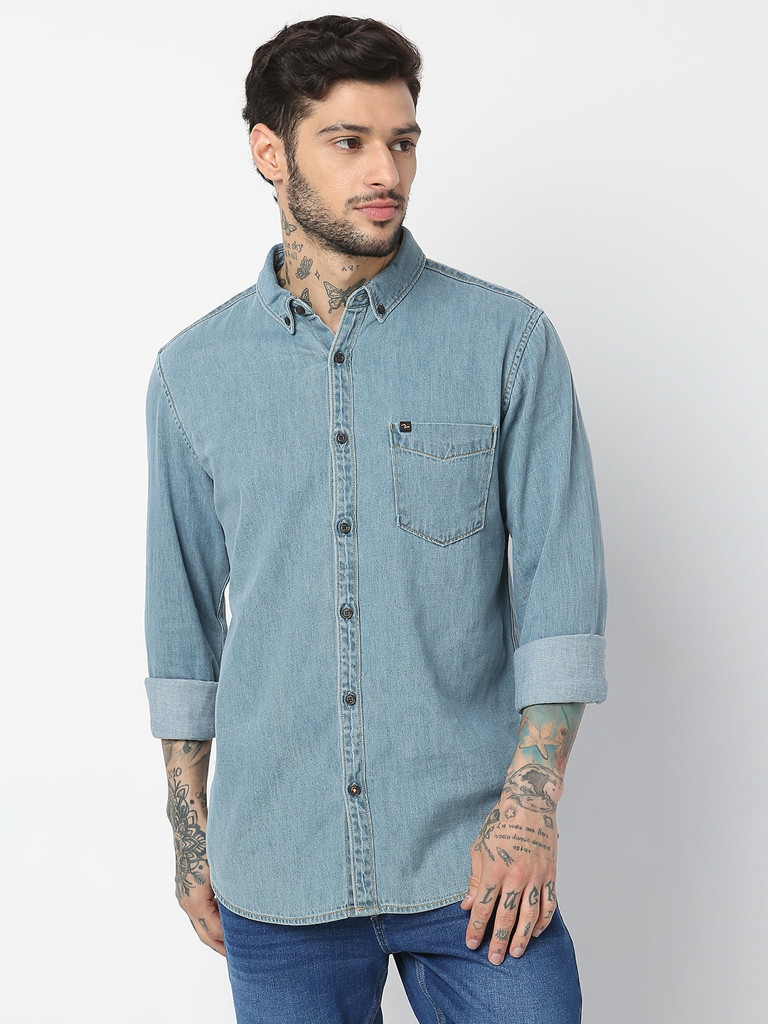 Spykar Men Light Blue Cotton Slim Fit Denim Shirts