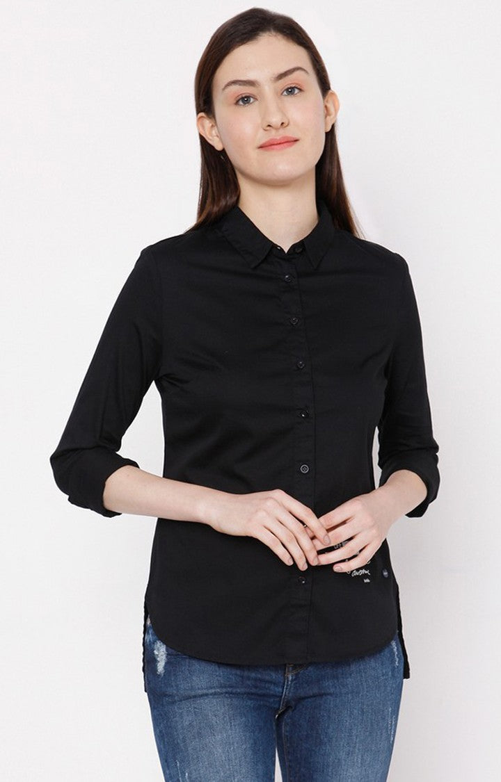 Spykar Women Black Cotton Slim Fit Striped Shirt