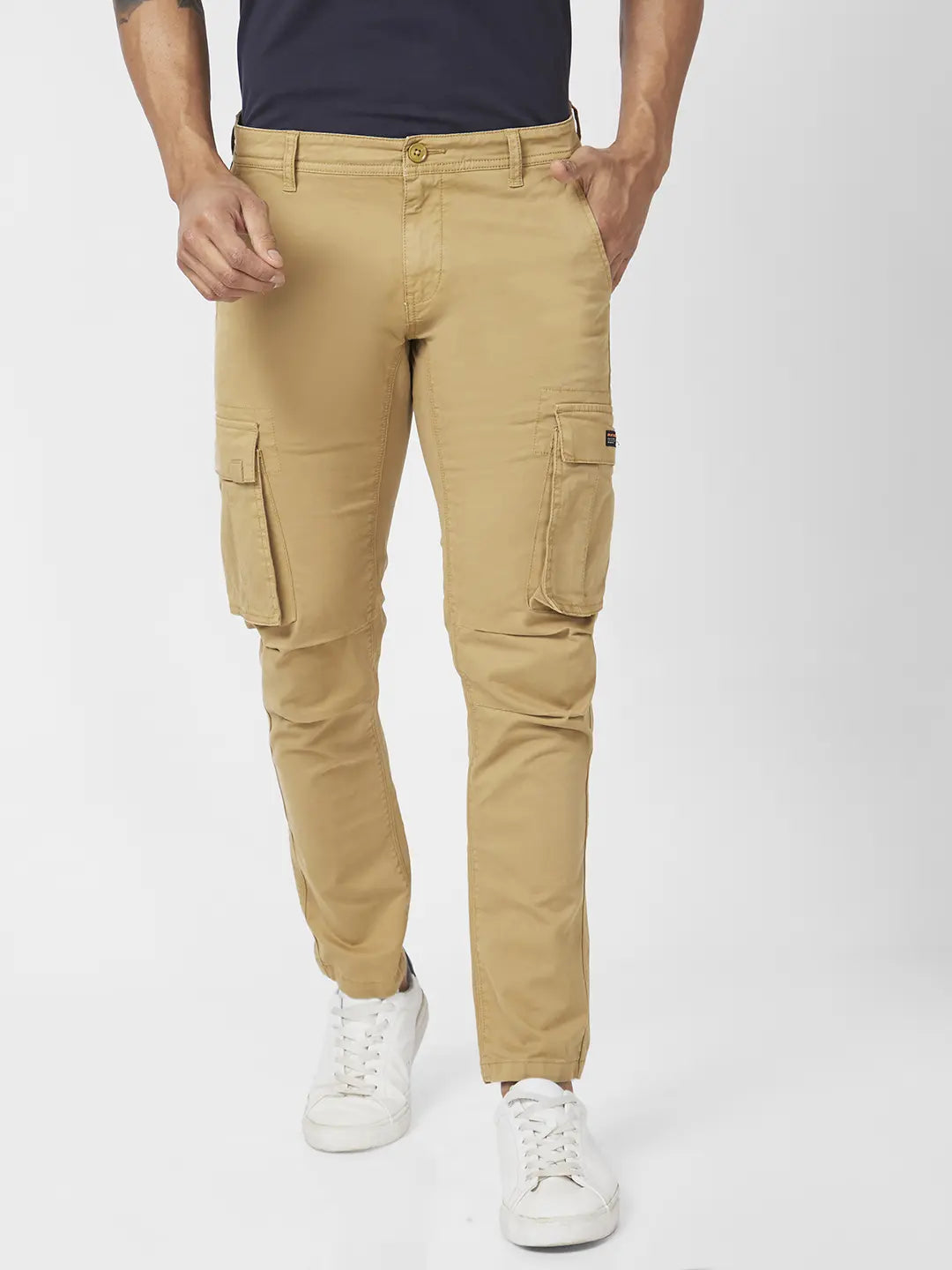 Spykar Men S and Khaki Cotton Tapered Fit Ankle Length Mid Rise Cargo Pant