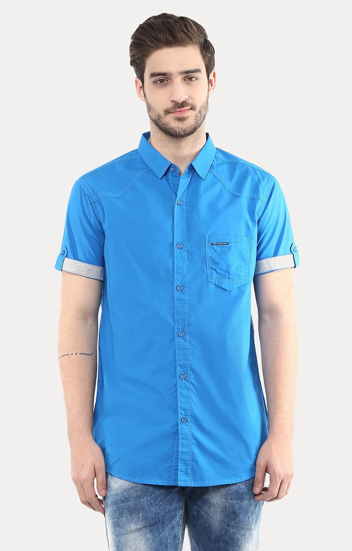 Spykar Men'S Blue Cotton Solid Casual Shirts