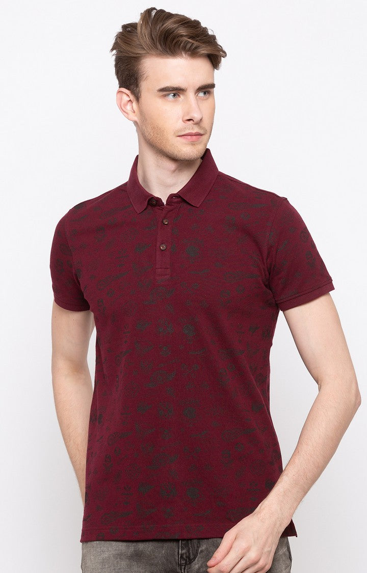 Spykar Wine Printed Slim Fit Polo T-Shirt