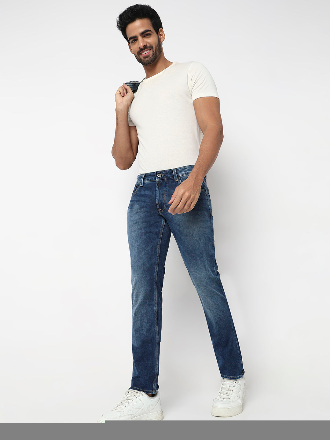Men Jeans Regular Fit Dark Blue Mid Rise