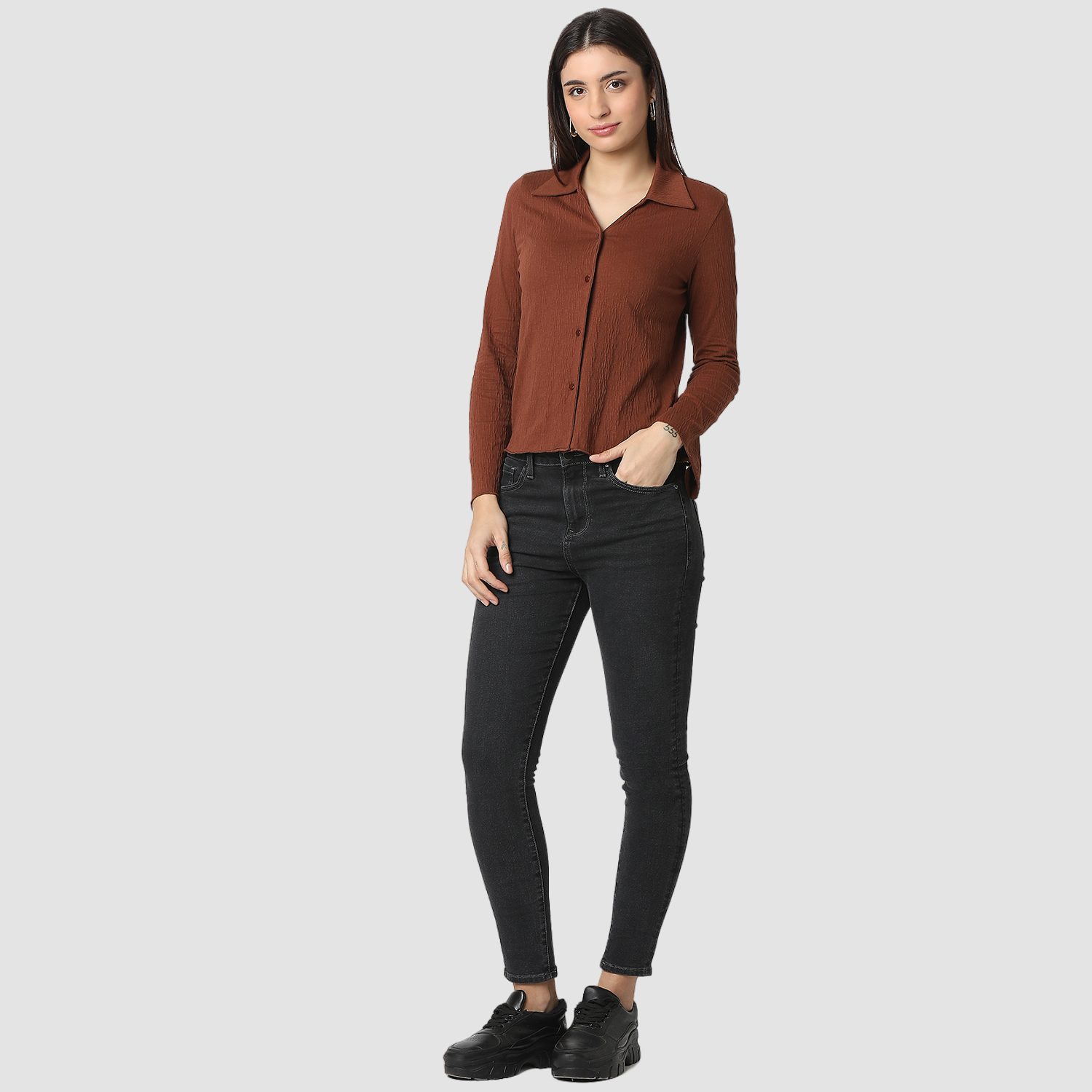 Women Top Solid Brown Slim Fit