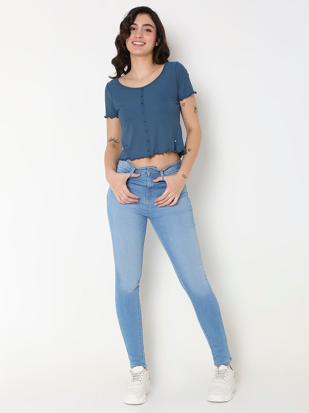 Spykar Blue Slim Half Sleeve Solid T-Shirt For Women