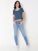 Women T-Shirt Blue Solid Slim Fit