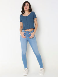 Women T-Shirt Blue Solid Slim Fit