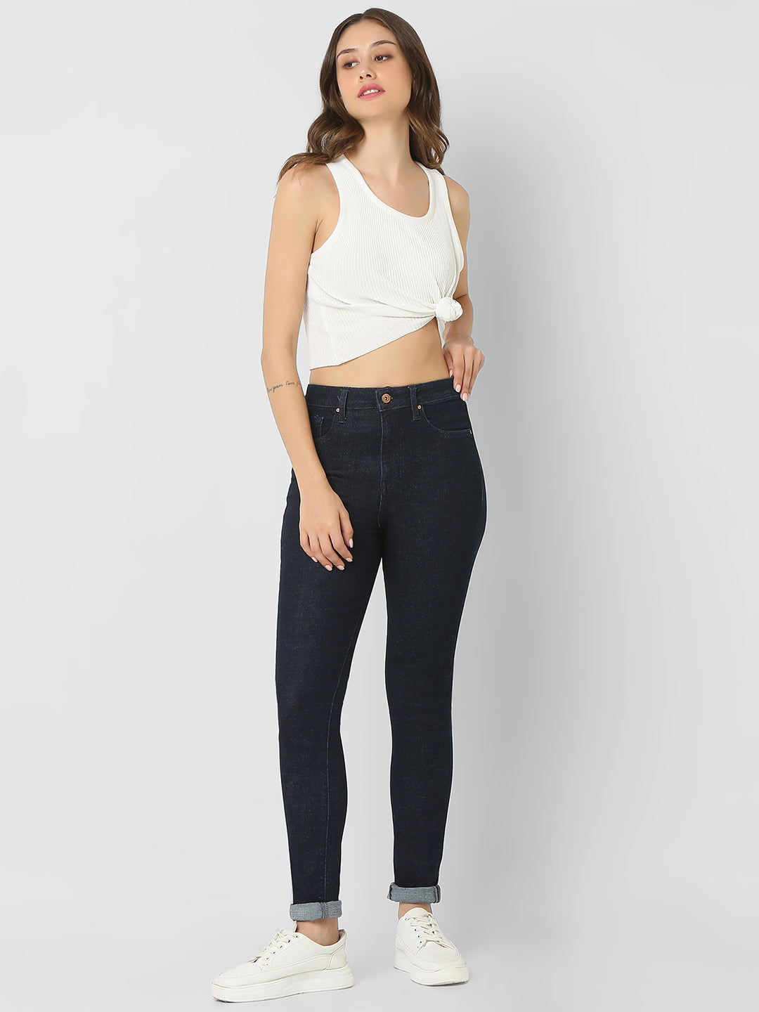 Spykar Dark Blue High Rise Skinny Fit Casual Jeans For Women
