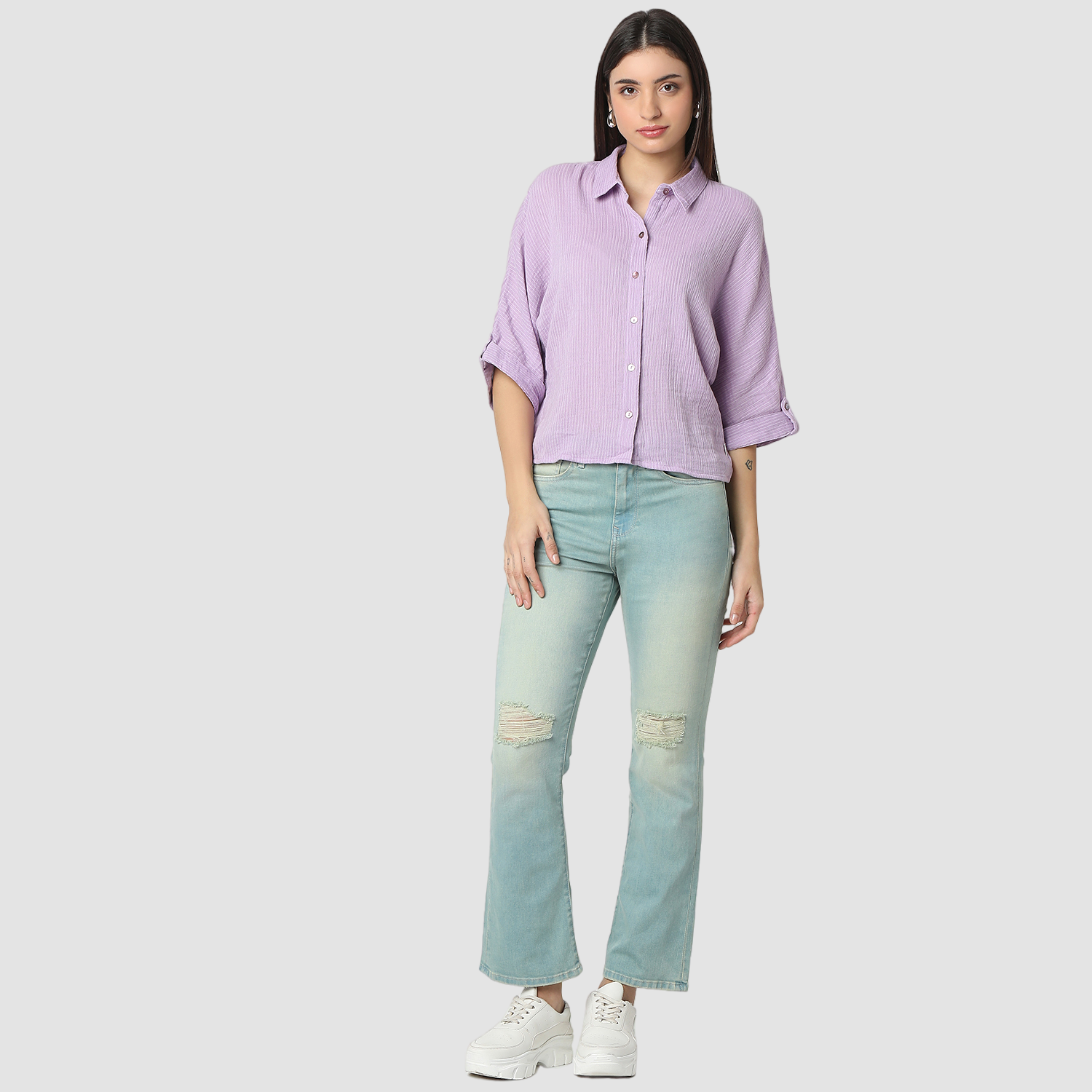 Spykar Crocus Purple Boxy Fit Casual Shirts For Women