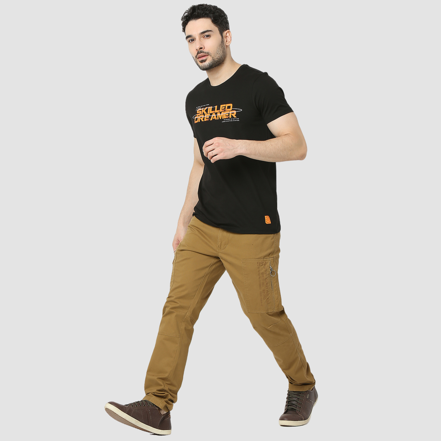 Spykar Camel Khaki Mid Rise Cargo Fit Casual Trouser For Men