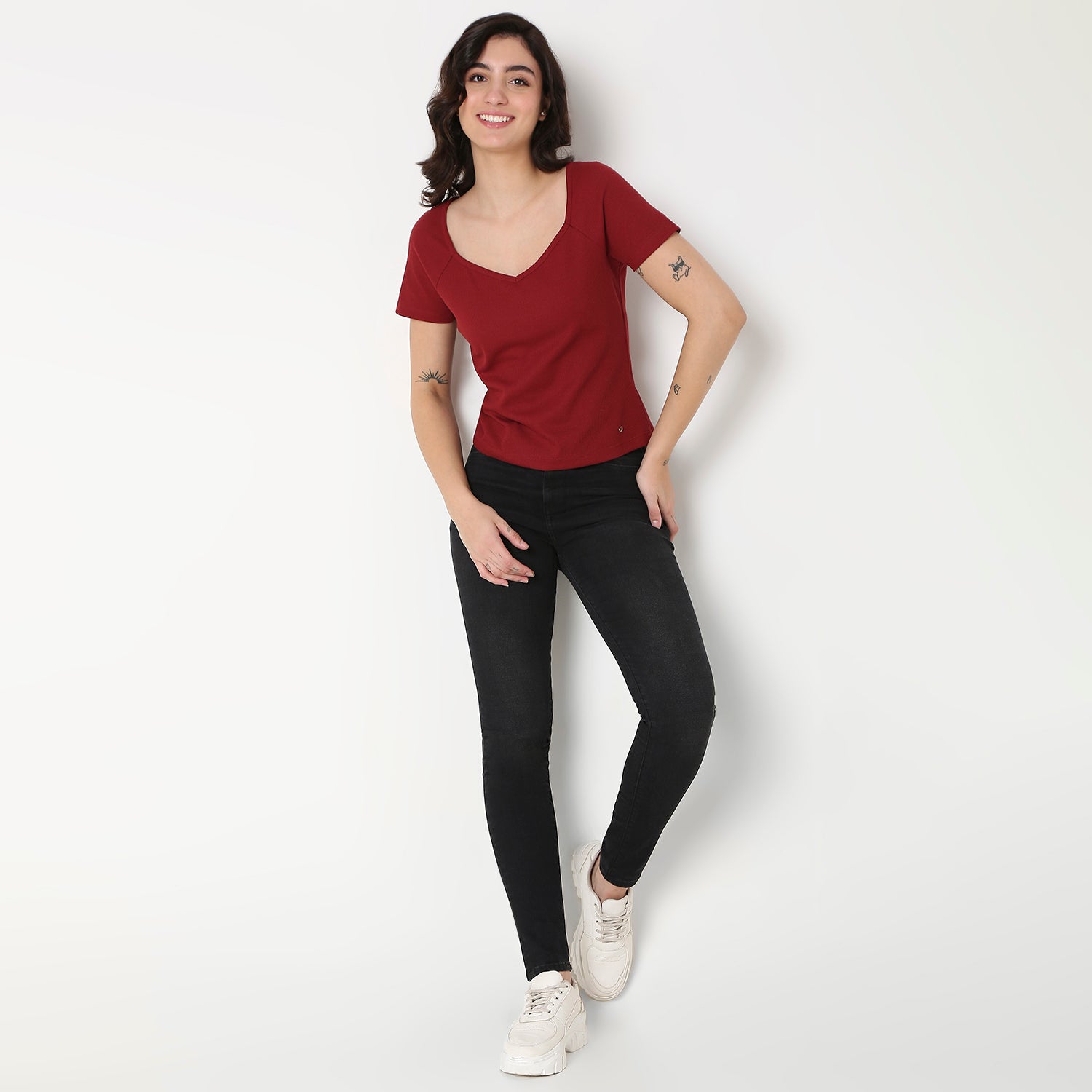 Spykar Maroon Slim Half Sleeve Solid T-Shirts For Women