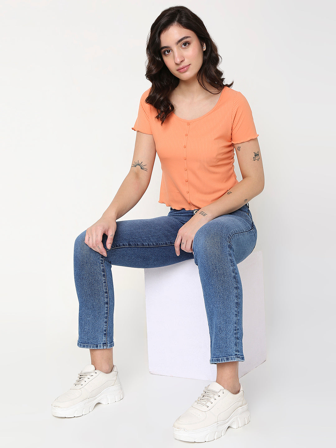 Spykar Orange Slim Half Sleeve Solid T-Shirts For Women