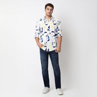 Men Shirt Print White Slim Fit