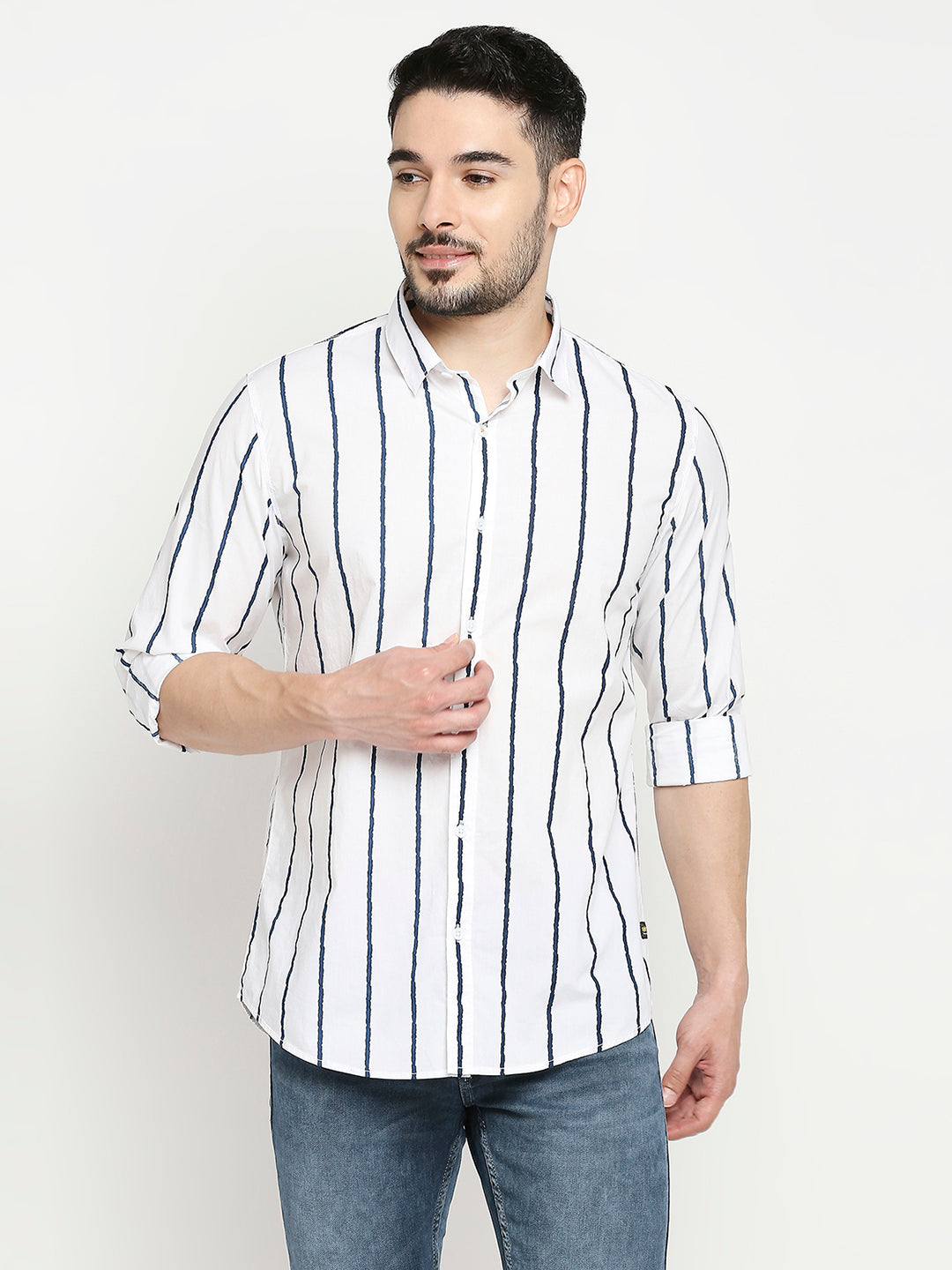 Spykar White Cotton Full Sleeve Striped Shirt For Men