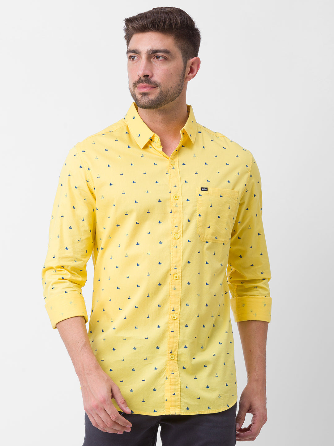 Spykar Yellow Cotton Full Sleeve Printed Shirt For Men