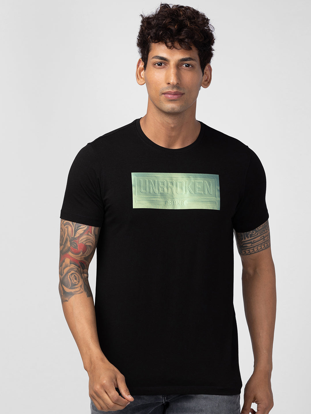 Spykar Men Black Cotton Regular Fit Half Sleeve Printed T-Shirt