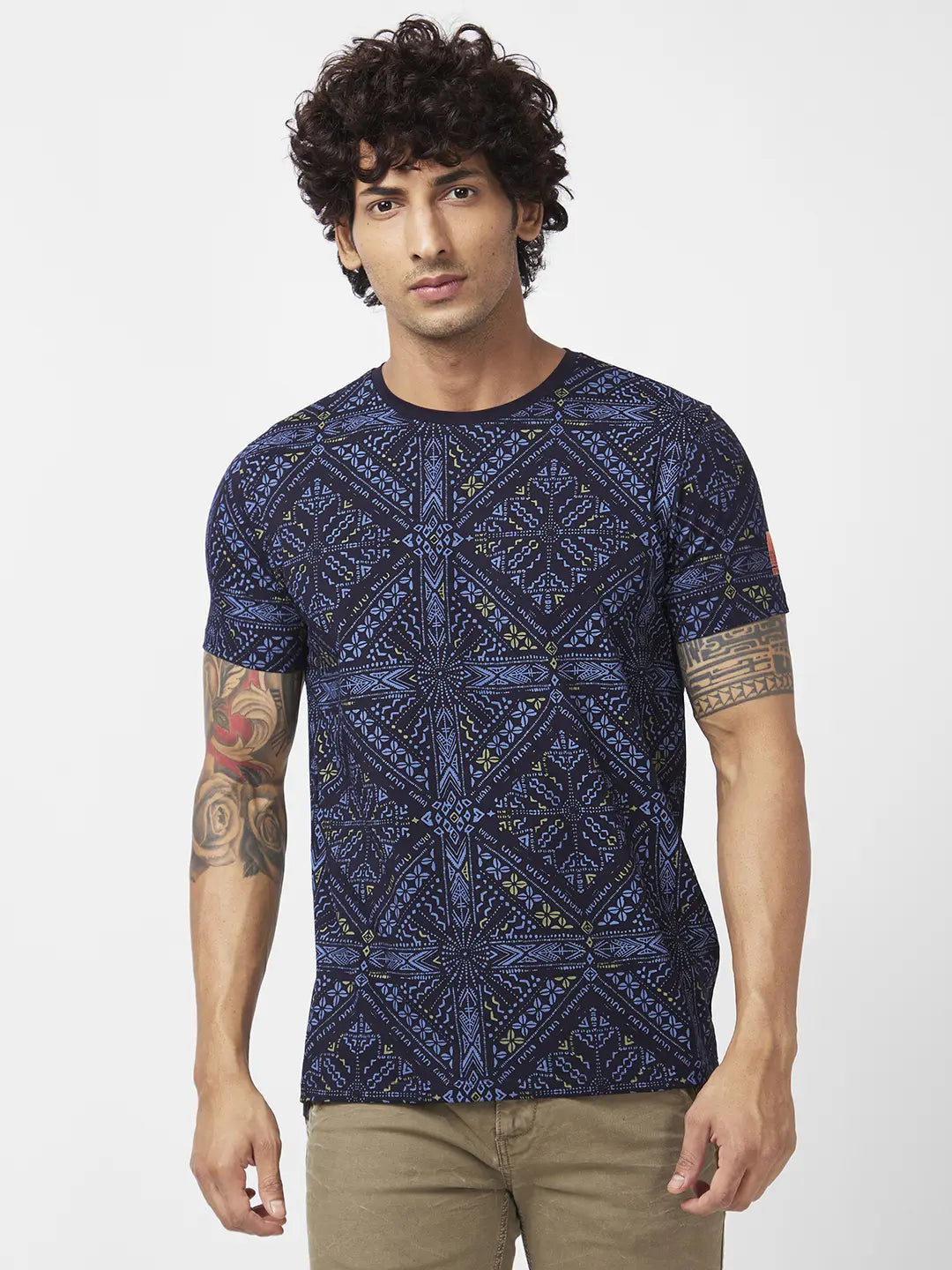 Spykar Men Navy Blue Blended Slim Fit Half Sleeve Round Neck Printed Tshirt